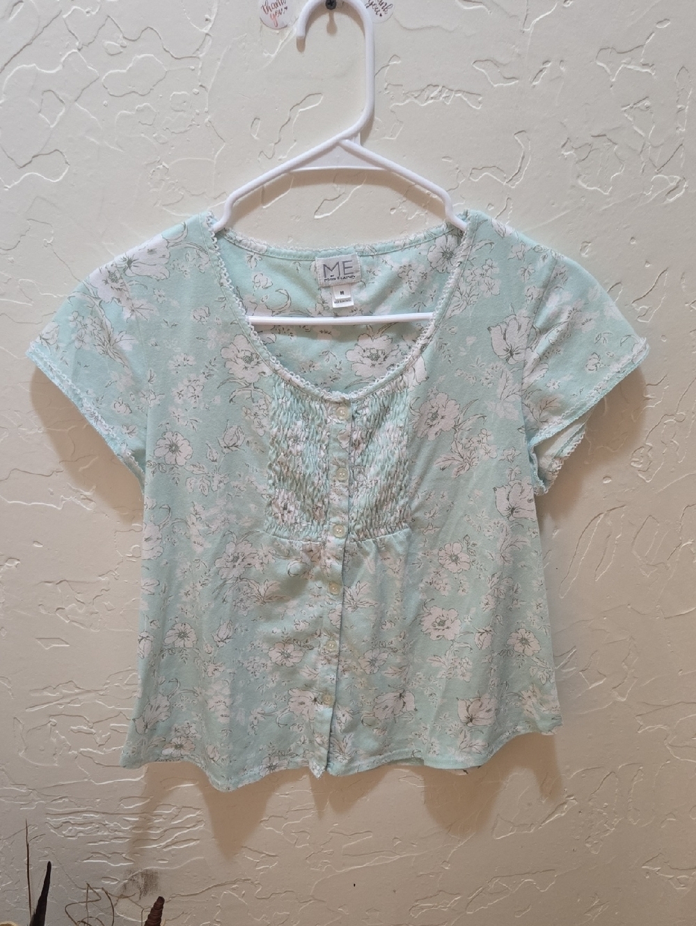 3/$10 Miss Elaine Mint Floral Short-Sleeve Button Front Top